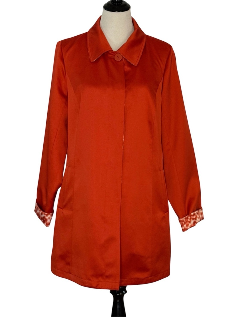 Dennis Basso Red Orange Jacket Coat Bold Print Lining Women’s Large Lightweight